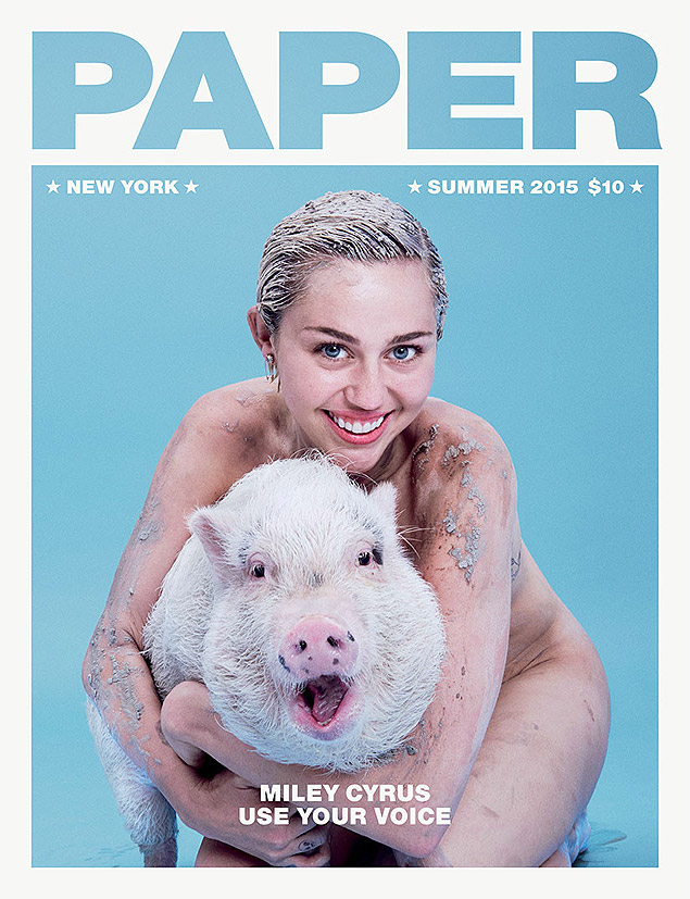 Miley Cyrus aparece em capa da revista "Paper" com seu porco de estimação