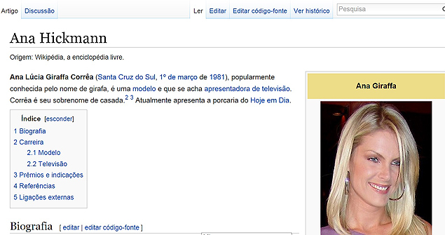 Alteração em artigo de Ana Hickmann no Wikipédia lhe dá o sobrenome "Giraffa"