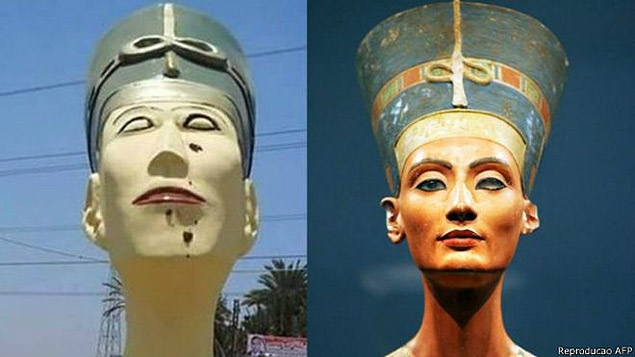 Réplica de Nefertiti feita no Egito, à esquerda, e busto famoso da rainha, à direita
