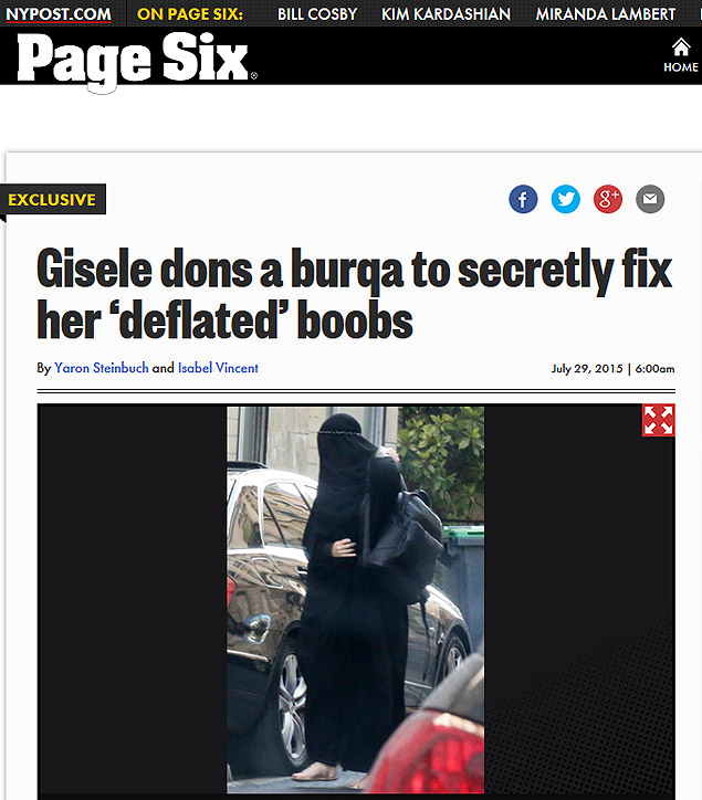 Jornal norte-americano "New York Post" diz ser Gisele Bündchen a mulher entrando de burca em uma clínica de cirurgia plástica em Paris