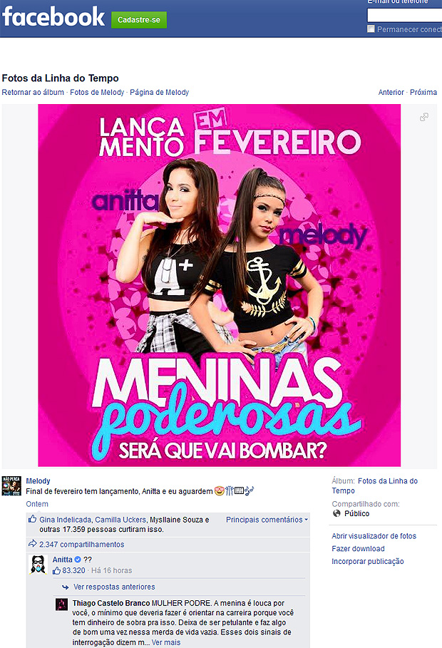 Anitta questiona suposto projeto conjunto com MC Melody no Facebook