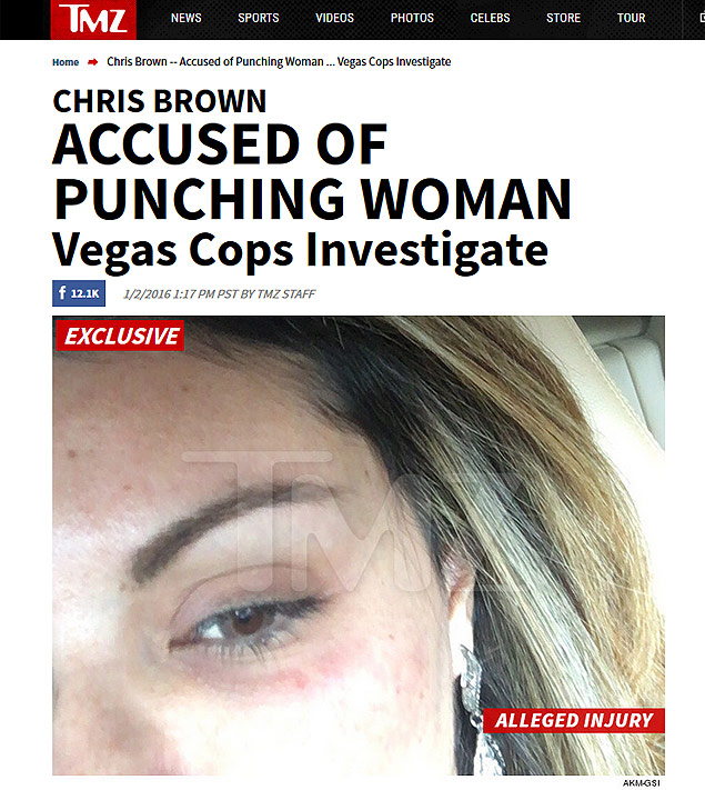 Chris Brown é suspeito de agredir uma mulher em Las Vegas, nos EUA. O nome da vítima é Liziane Gutierrez - http://www.tmz.com/2016/01/02/chris-brown-punch-woman-vegas-cops?adid=TMZ_Search_Results