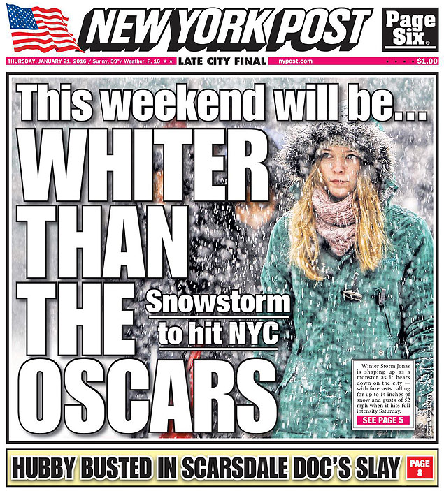 Capa do "New York Post". This weekend will be whiter than the Oscars