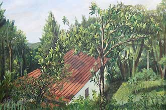 Pintura do artista plástico Lúcio Tamino, 27, a partir de vista de sua casa na serra da Cantareira, para onde se mudou há dois anos