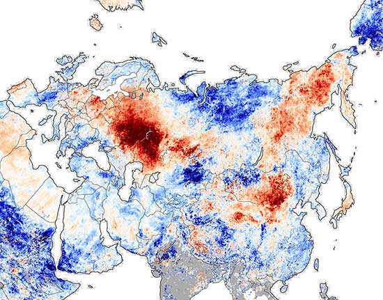 Mapa da Ásia mostrando devio de temperaturas em relação ao esperado (vermelho = mais quente)