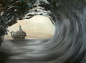 Pintura da artista Emma Varney retrata impacto provocado pela exploração de petróleo nos oceanos