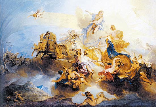 O mortal Faetonte (de manto dourado) dirigindo carruagem do Sol, retratado pelo francs Nicolas Bertin