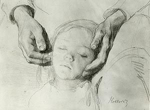 "Cabeça de Criança nas Mãos da Mãe", desenho de Käthe Kollwitz da exposição