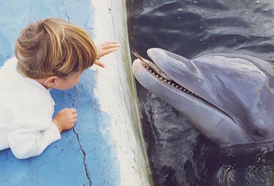 Foto-Legenda: Criana brinca com o golfinho Flipper, em So Vicente, SP. Crdito: Juan Esteves-18.jun.1992/Folhapress 