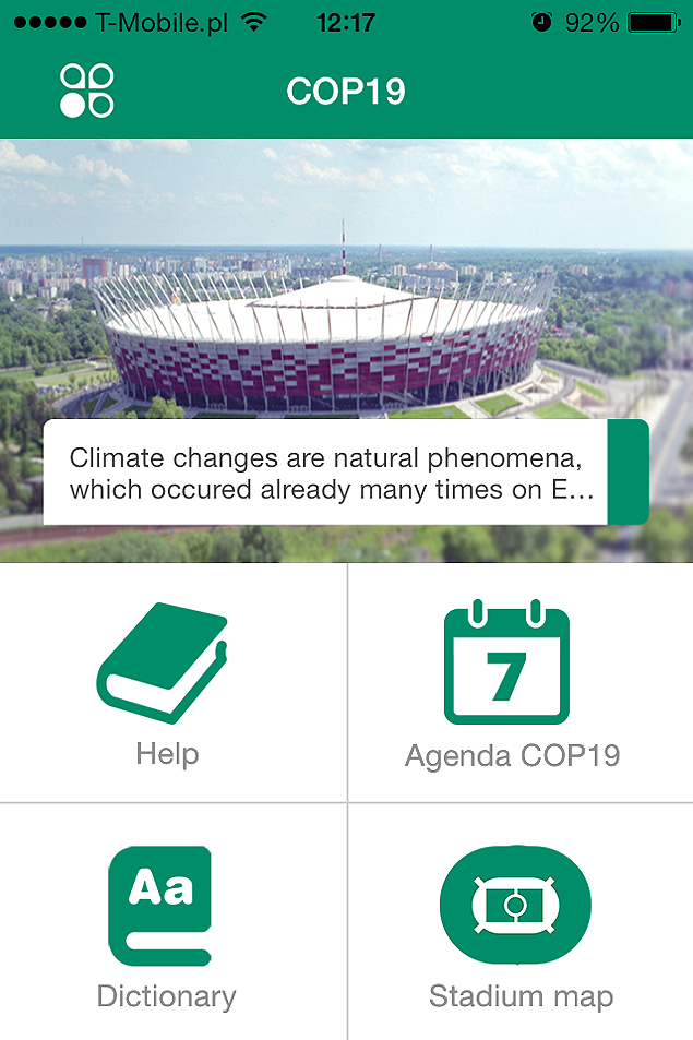 Aplicativo de celular oficial da COP-19 afirma na apresentao: "Mudanas climticas so fenmenos naturais que j ocorreram muitas vezes na Terra".