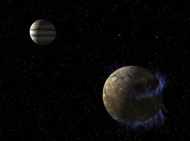 Concepo artstica de auroras em Ganimedes; lua de Jpiter pode ter oceano coberto de gelo