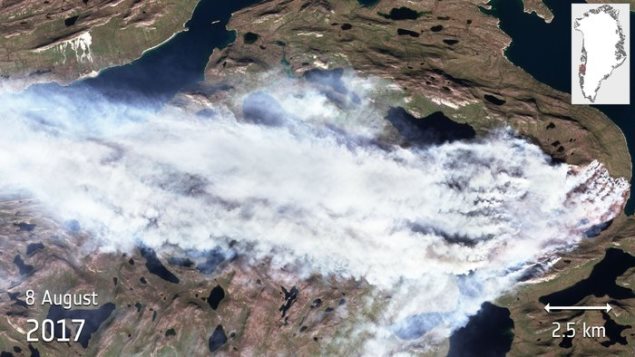 Fogo na Groenlndia, observado por cmera em satlite da Agncia Espacial Europeia