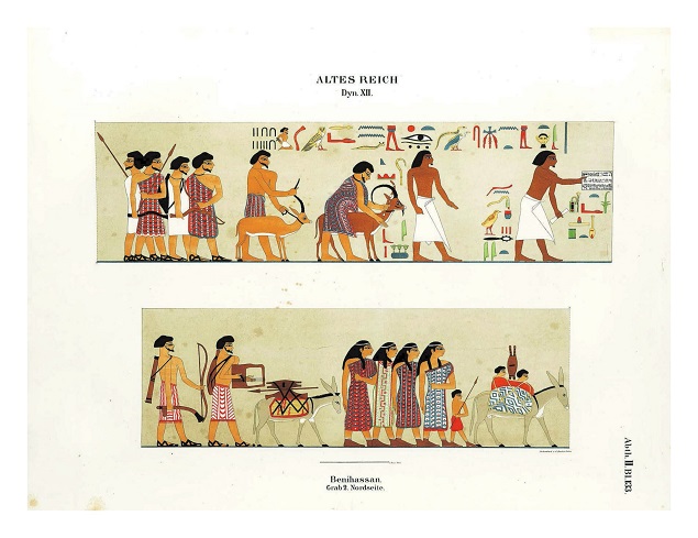 Pinturas egípcias retrata chegada de nômades vindos da Ásia (homens com barba, de pele mais clara)