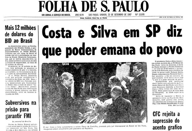 Primeira pgina da Folha de S.Paulo de 23 de setembro de 1967. (Foto: Folhapress)