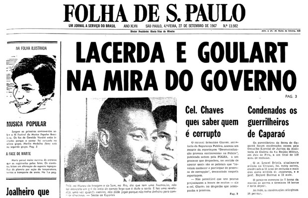 Primeira pgina da Folha de S.Paulo de 27 de setembro de 1967. (Foto: Folhapress)