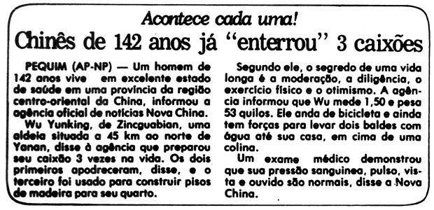 Destaque da seo "Acontece cada uma!", publicada na pgina 3 do jornal Notcias Populares, em 2 de setembro de 1980. (Foto: Folhapress)
