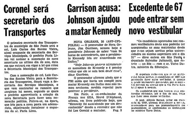 Detalhe da primeira pgina da Folha de S.Paulo de 27 de dezembro de 1967. (Foto: Folhapress)