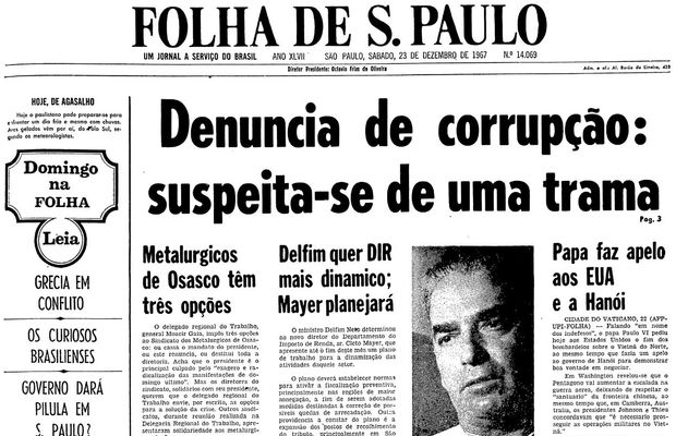 Primeira pgina da Folha de S.Paulo de 23 de dezembro de 1967. (Foto: Folhapress)