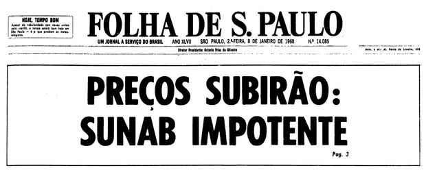Primeira pgina da Folha de S.Paulo de 8 de janeiro de 1968. (Foto: Folhapress)