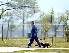 Homem passeia com seu cachorro do Parque do Povo, no Itaim Bibi, zona oeste de So Paulo 