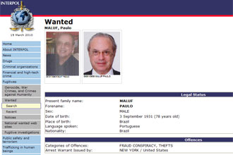 Reproduo da pgina da Interpol que mostra Maluf como "procurado"