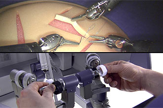 Simulação no uso do robô Da Vinci; médico controla braços do equipamento por meio de dedais