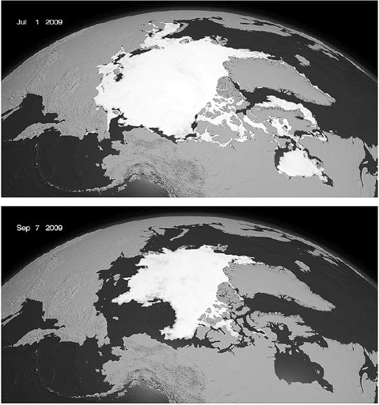 Fotos do gelo marinho no Ártico em julho, quando iniciou o degelo, e em setembro, quando passou a recongelar