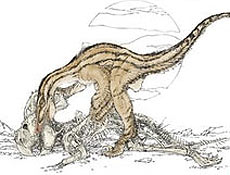 Concepção artística mostra velociraptor atacando restos de grande animal herbívoro