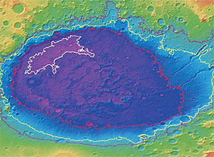 Bacia Hellas em Marte onde sedimentos indicam presena de mar h cerca de 4 bilhes de anos. 