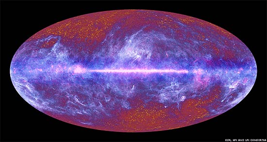 Imagem de radiação cósmica de fundo, obtida pelo telescópio Planck, em frequências abaixo do infravermelho