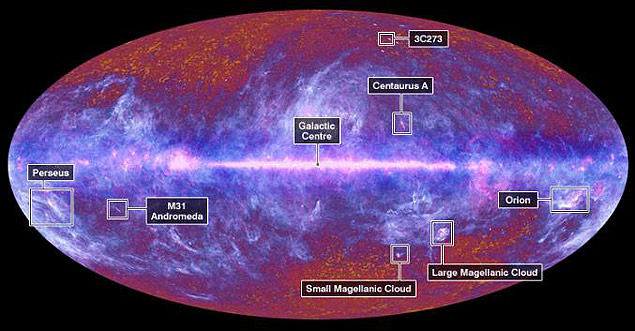 Imagem de radiao csmica de fundo, obtida pelo telescpio Planck e detectada em frequncias abaixo do infravermelho