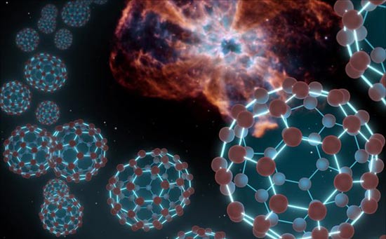 Ilustrao de fulerenos, molculas formadas por tomos de carbono, com formato de bola de futebol