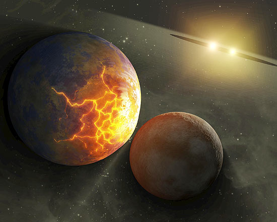 Ilustrao de uma coliso iminente entre planetas em rbita ao redor de um sistema binrio de estrelas prximas