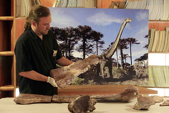 Paleontólogo David Rubilar mostra osso do dinossauro chileno; ao fundo, ilustração artística do animal