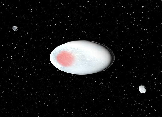 Ilustração artística mostra o planeta-anão Haumea e seus dois satélites naturais Hi'iaka e Namaka