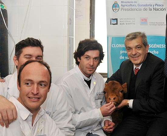 Ministro da Agricultura, Gado e Pesca da Argentina, Julián Dominguez (de terno), em foto com a vaca clonada