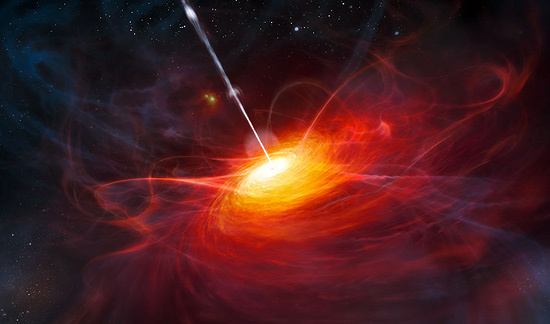 Ilustração do quasar que possui, estimam cientistas, buraco negro com 2 bilhões de vezes a massa do Sol 