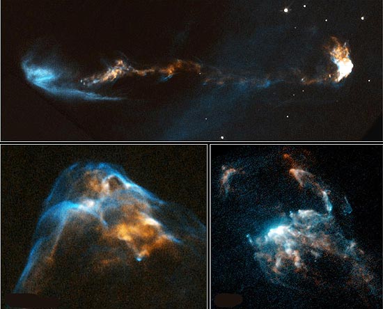 Imagens tiradas pelo telescópio espacial Hubble mostra jatos de gás expelidos por três estrelas jovens