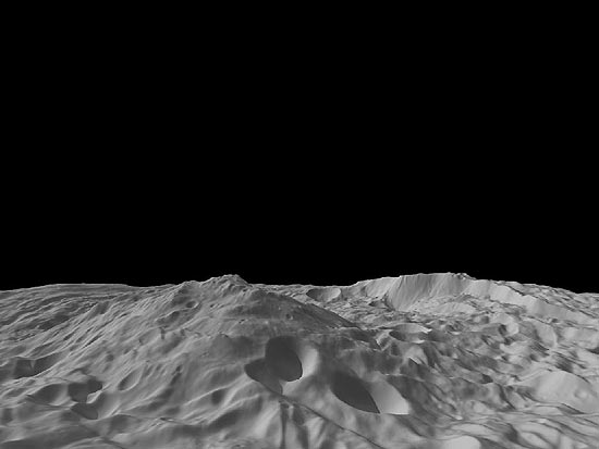 No centro, montanha que se encontra no polo sul do asteroide Vesta, o segundo maior do nosso Sistema Solar
