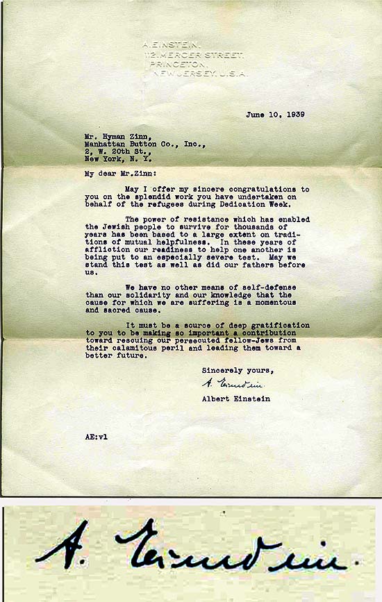 Carta do físico Albert Einstein, que mostra sua preocupação com os judeus e a ascensão do nazismo