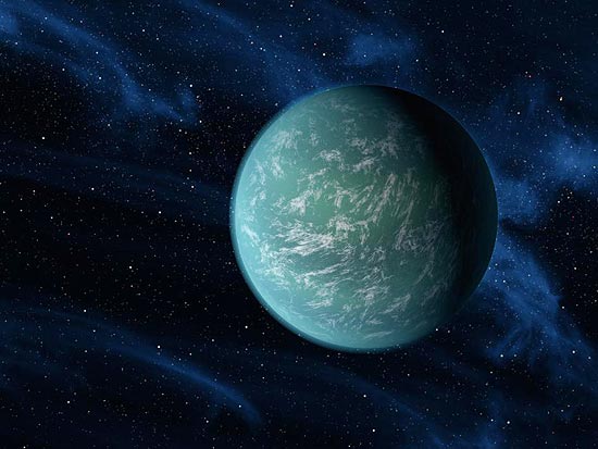 Ilustração artística do Kepler-22b, que possui um raio 2,4 vezes maior do que a Terra e está na zona habitável 
