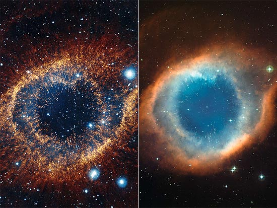 As imagens mostram as diferenas de detalhes da nebulosa da Hlice quando fotografada pelo Vista ( esq.)