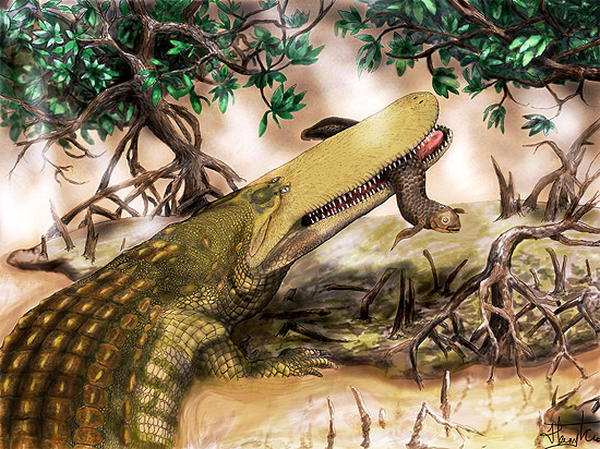Concepção artística do crocodilomorfo "Aegisuchus witmer", que viveu no norte da África 