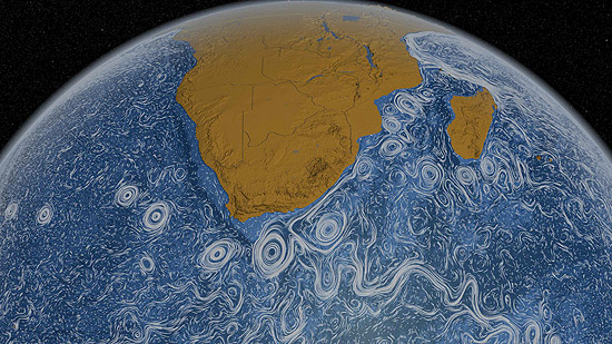 Imagem exibe correntes oceânicas na região sudeste do continente africano; veja o vídeo aqui do planeta inteiro