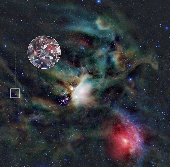 Imagem feita pelo radiotelescópio Alma, no Chile; a estrela é o ponto vermelho e, em destaque, está a representação das moléculas de açúcar