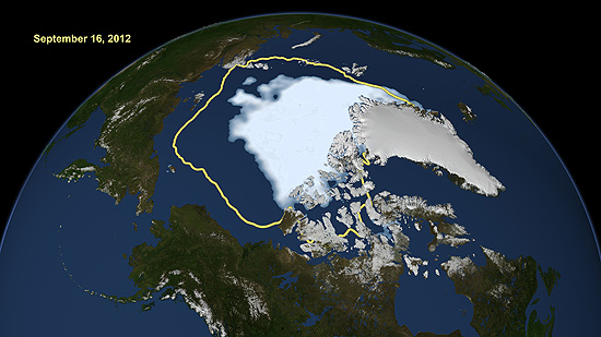 Imagem mostra o atual recorde de baixa do gelo do Ártico em relação à média de gelo do verão (em amarelo).