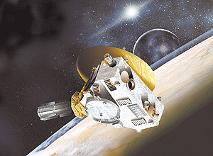 Concepção artística mostra a sonda americana New Horizons, com Plutão ao fundo