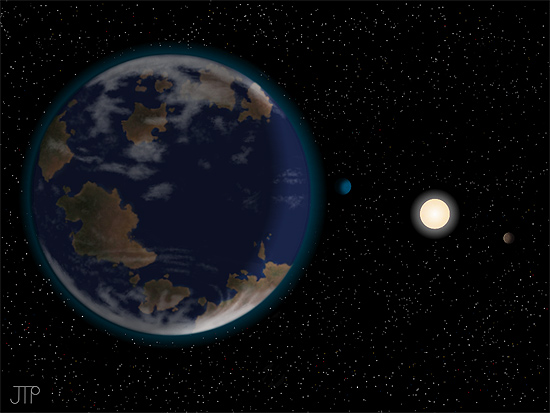 Concepção artística do novo candidato a planeta em órbita da estrela HD 40307, a 44 anos-luz da Terra
