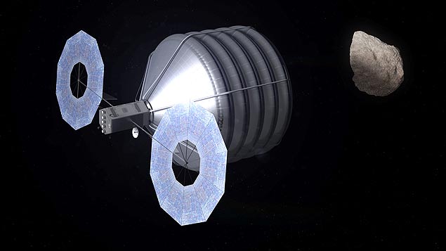 Concepo artstica mostra nave com compartimento flexvel para capturar asteroide