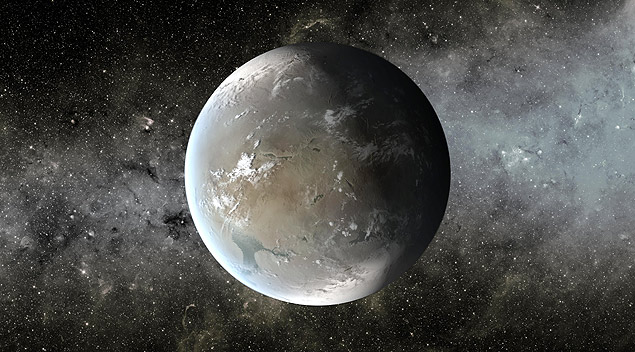 Concepo artstica do planeta Kepler 62f, o menor em zona habitvel j achado fora do Sistema Solar 